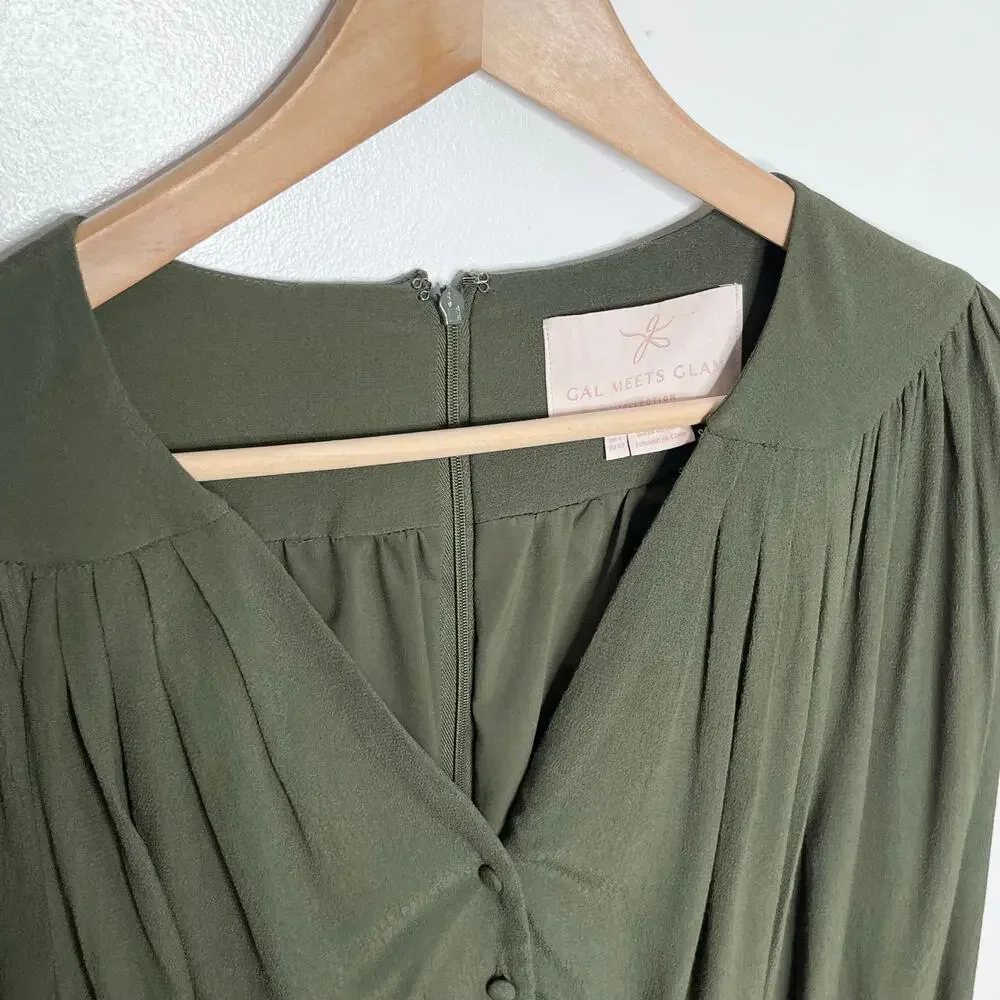 Gal Meets Glam Olive Green Faux Wrap Tie Waist Mini Dress Long Sleeve US 2 - Picture 6 of 10